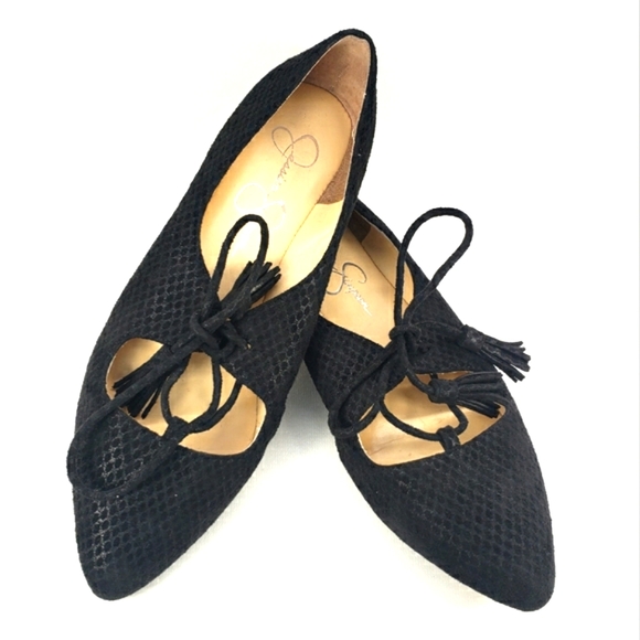 Jessica Simpson Black Vegan Suede, Tassel Lace-Up, Pointy Toe Flats. Women's 7M - Picture 5 of 12